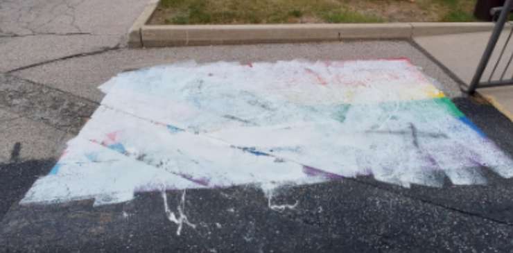 One of four vandalized rainbow crosswalks in Petrolia. September 2024. (Photo courtesy of Lambton OPP)