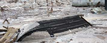 A boat is frozen into the Thames River as at the ice jam at Poppe Road. February 8, 2019. (Photo by Greg Higgins)
