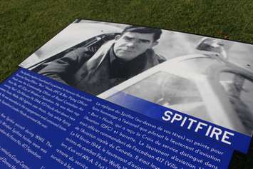Signage of the Spitfire at the Jackson Park Spitfire and Hurricane Memorial in Windsor, seen on November 18, 2016. (Photo by Ricardo Veneza)
