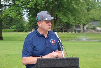 Bill Merrylees, CEO of the CanAm Police-Fire Games, welcomes golfers to the first CanAm Golf Series at Roseland Golf and Curling Club, Windsor, June 17, 2019. Photo by Mark Brown/Blackburn News.