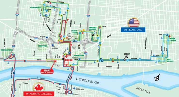 (Map of the route of the Detroit Free Press Marathon courtesy of the Detroit Free Press Marathon)