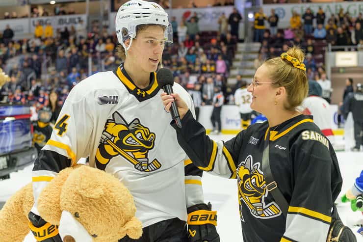 Jack Van Volsen scores Teddy Bear Toss goal against Flint, November 30, 2025. Photo by Metcalfe Photography. 