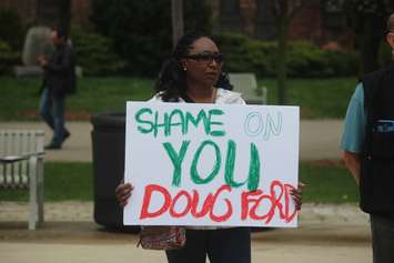 Protest sign at a rally at Charles Clark Square, Windsor, May 1, 2019. Photo by Mark Brown, Blackburn News.