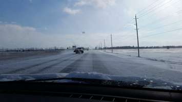 Snow blowing across Hwy 40 around noon January 12, 2016. (Photo by Cheryl Johnston) 