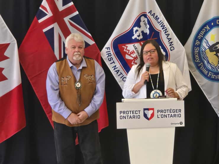 Aamjiwnaang councillor John Adams (L) and Kettle and Stony Point Chief Kimberly Bressette (R) - Apr. 30/26 (Blackburn Media photo by Josh Boyce)