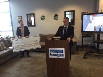 Freedom 55 Financial's Regional Director Pete Aarssen announces $75,000 donation toward new Athletics and Fitness Complex. February 10, 2017.  (Blackburn News photo by Melanie Irwin)