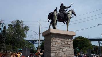 A crowd admires the new Brock and Tecumseh statue in Olde Sandwich Towne, September 7, 2018. Photo by Mark Brown/Blackburn News.