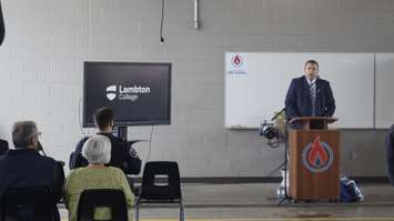 Lambton College President and CEO Rob Kardas speaking at the Rick Fraser Memorial Award presentation. October 6, 2021. (Photo by Natalia Vega).
