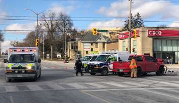 Photo of a collision involving a pick-up truck and police van at Richmond St. and Oxford St. on Thursday, February 29, 2024. Photo by Scott Kitching