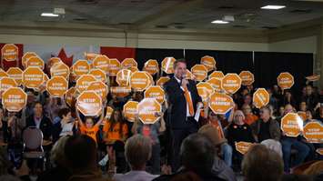 Sarnia-Lambton NDP candidate Jason McMichael addresses crowd of 1,000 at Dante Club October 4, 2015 (BlackburnNews.com Photo by Briana Carnegie)