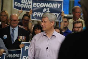 Conservative Leader Stephen Harper makes a campaign stop during the 2015 federal election at Windsor's Anchor Danly on September 20, 2015. (Photo by Ricardo Veneza)