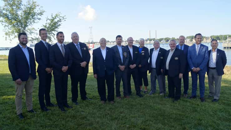 Energy Minister Stephen Lecce and Associate Minister of Energy-Intensive Industries MPP Sam Oosterhoff with provincial and municipal dignitaries in St. Clair Township. August 25, 2026. (Photo by Natalia Vega) 