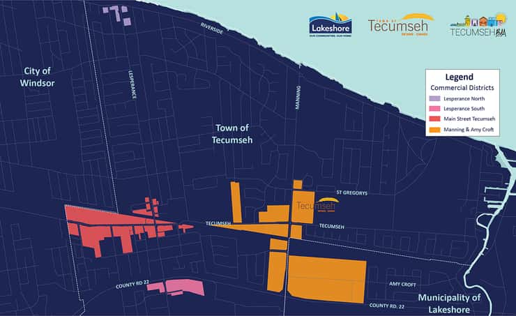 This map shows the commercial district boundaries that will be created in the Town of Tecumseh and Municipality of Lakeshore throughout 2026. Map courtesy Town of Tecumseh, Municipality of Lakeshore, and Tecumseh BIA.
