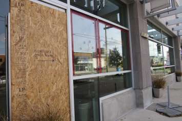 Damage to windows and doors at Goodwill Industries, October 31, 2016. (Photo by Miranda Chant, Blackburn News.)