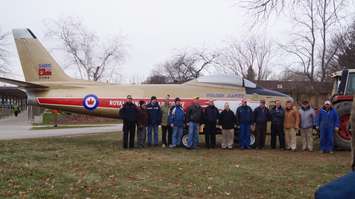 Sarnia's F-86 Sabre Golden Hawk is returned to Germain Park. December 8, 2014 (BlackburnNews.com photo by Jake Jeffrey)