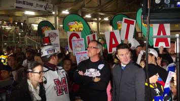 Mayor Randy Hope waits to appear live on Sportsnet during Bash At The Barn (Photo by Jake Kislinsky)