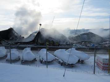 A rear storage warehouse at Hully Gully on Wharncliffe Rd. destroyed by fire, December 28, 2017. (Photo by Miranda Chant, Blackburn News)