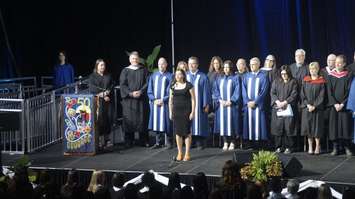 The Canadian national anthem being sung at Lambton College's 2023 morning convocation ceremony. June 7, 2023. (Photo by Natalia Vega)