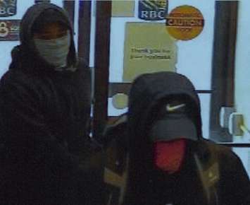 Surveillance image of two  suspects wanted in relation to the RBC bank robbery in Moorfield, March 13, 2018. Photo courtesy of OPP.