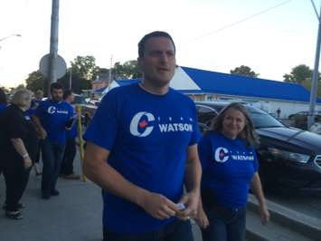 Conservative candidate for Essex Jeff Watson approaches a union rally on the TPP in Essex on September 23, 2015. (Photo by Ricardo Veneza)