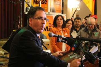 Windsor West MP Brian Masse addresses NDP supporters at the Teutonia Club in Windsor after winning his seat back in the federal election, October 19, 2015. (Photo by Mike Vlasveld)