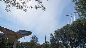 Snowbirds circle back for a second fly over the F-86 Sabre Golden Hawk Memorial September 15, 2016 (BlackburnNews.com Photo by Briana Carnegie)