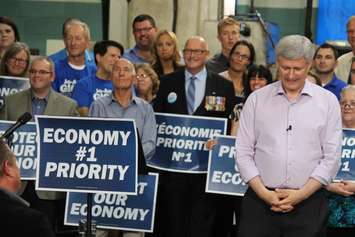 Conservative Leader Stephen Harper makes a campaign stop during the 2015 federal election at Windsor's Anchor Danly on September 20, 2015. (Photo by Ricardo Veneza)