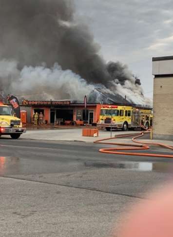 Fire at Hog Town Cycles in Lucan, April 7, 2019. (Photo courtesy of Angie Steels)