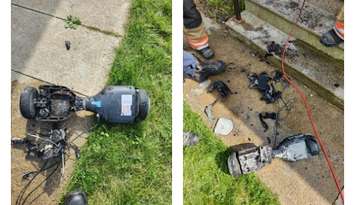 A damaged electronic hoverboard after its lithium-ion battery caught fire. Image courtesy of the Municipality of Lambton Shores.