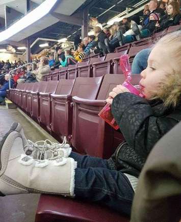 Darrah Coleman watching her favourite hockey team, the Sarnia Sting. (Photo by Grandma Sue Bacon)