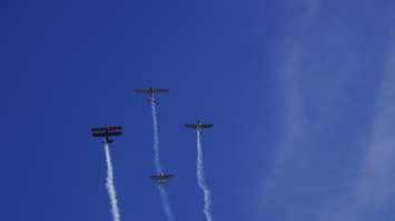 A flyover conducted during Aamjiwnaang First Nation's annual Remembrance Day ceremony. 10 November 2022. (Photo by SarniaNewsToday.ca)