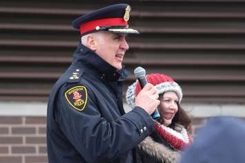 Windsor Police Chief Al Frederick and St. Clair College President Patti France speak to the crowd at the 4th Annual Polar Plunge, March 2, 2018. Photo by Mark Brown/Blackburn News.