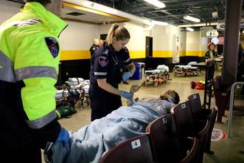 A mass casualty simulation is staged at Sarnia's Progressive Auto Sales Arena for Lambton College students. April 13, 2017 BlackburnNews.com photo by Meghan Bond.