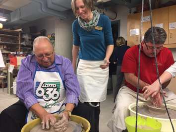 Sarnia Lambton MPP Bob Bailey & Myles Vanni from the Inn of the Good Shepherd participate in the Bowl-a-Thon pottery event leading up to its Empty Bowls fundraiser in March. February 10, 2017 (BlackburnNews.com Photo by Melanie Irwin)
