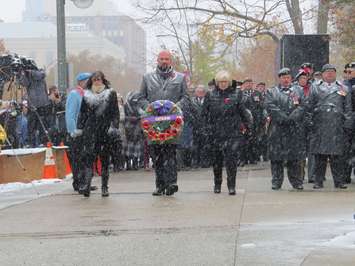 Local MPPs Terrence Kernaghan, Teresa Armstrong, and Peggy Sattler place a wreath at the Cenotaph in Victoria Park, November 11, 2019. (Photo by Miranda Chant, Blackburn News)