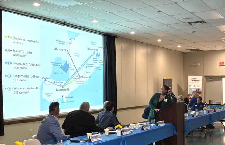 Aamjiwnaang Chief Janelle Nahmabin speaking at the State of Lambton Business Breakfast. March 12, 2026. (Photo by Natalia Vega)