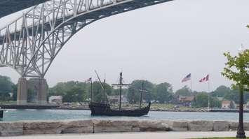 Columbus replica ships pass underneath the Blue Water Bridge June 30, 2015 (BlackburnNews.com Photo by Briana Carnegie)