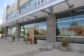 Damage to windows and doors at Goodwill Industries, October 31, 2016. (Photo by Miranda Chant, Blackburn News.)