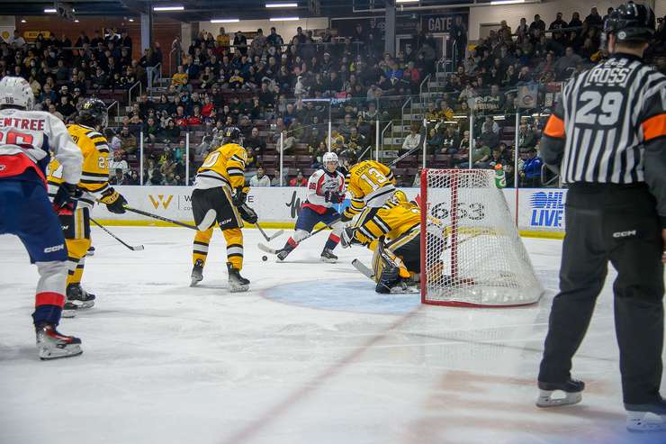 Sarnia Sting home to the Windsor Spitfires February 4, 2024. Photo by Metcalfe Photography. 