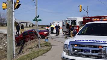 The scene of a two-vehicle crash between a school bus and a Toyota Corolla on Modeland Rd. and Michigan Ave. April 26, 2018. (Photo by Colin Gowdy, BlackburnNews)