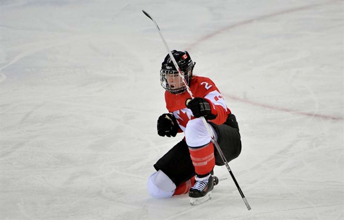 Canada's Meghan Agosta-Marciano celebrates her goal against Finland during third period action at the Sochi Winter Olympics Monday February 10, 2014 in Sochi, Russia. Canada defeated Finland 3-0.THE CANADIAN PRESS/Adrian Wyld