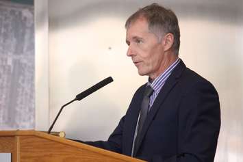 University of Windsor President Alan Wildeman speaks at the Stephen and Vicki Adams Welcome Centre, October 2, 2015. (Photo by Mike Vlasveld)