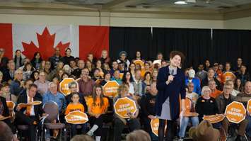 Deb Mulcair introduces her brother, Tom to the stage. October 4 2015 (BlackburnNews.com Photo by Briana Carnegie)