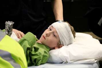 A mass casualty simulation is staged at Sarnia's Progressive Auto Sales Arena for Lambton College students. April 13, 2017 BlackburnNews.com photo by Meghan Bond.