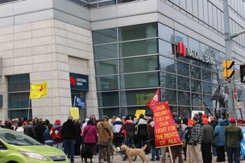 Protesters demonstrate against Bill C-51 in Windsor.  (Photo by Adelle Loiselle.)