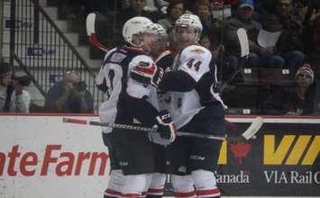 The Windsor Spitfires celebrate after a goal, December 31, 2014. (Photo by Mike Vlasveld)