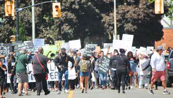 Hundreds march in Sarnia's downtown for  Black Lives Matter rally June 13, 2020 (BlackburnNews.com photo by Dave Dentinger)