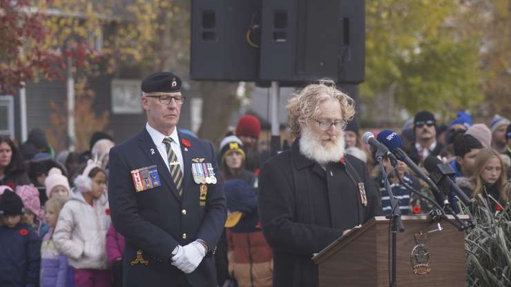 Deacon David Cummings says a prayer during the Remembrance Day service in Sarnia. November 11, 2025. (Photo by Natalia Vega) 