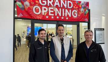Dr. Alan Poole, Dr. Mike Rondinelli and Dr. Jason Hall greet guests at the grand opening of the St. Clair Medical Centre in Corunna. October 21, 2025 Blackburn Media photo by Melanie Irwin.