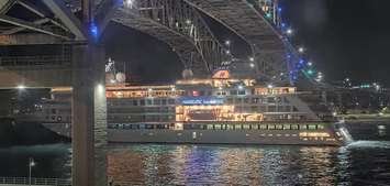 The Hanseatic Inspiration on the St. Clair River under the Blue Water Bridge. 22 May 2023. (Photo from the Port Huron StreamTime LIVE camera)